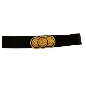 Vintage Signed Nani Lewis Gold Tone & Black Belt Buckle W/ Elastic Belt. 1980’s